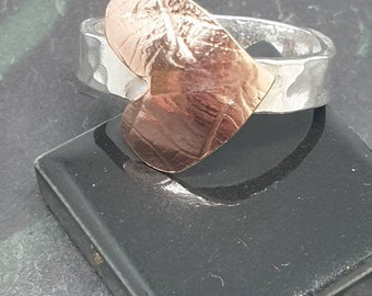 Sterling silver and copper heart ring. Leaf impression in copper heart