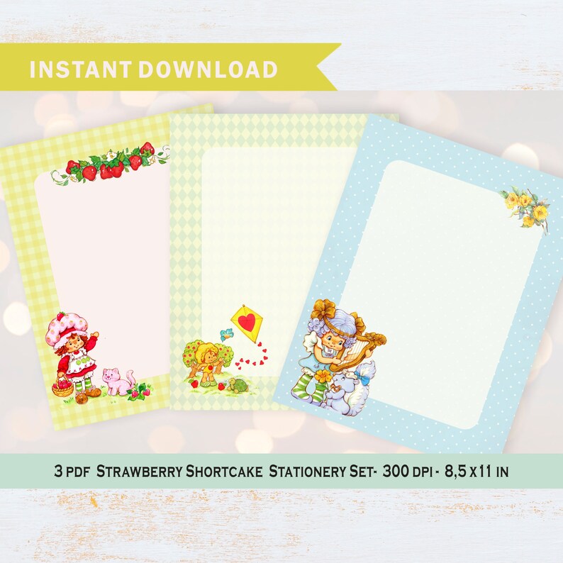 Vintage 80s STRAWBERRY SHORTCAKE cartoon,Stationery set letter writing,digital Paper,Strawberry shortcake picture,stationery letter writing