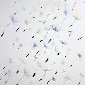 Original minimalist watercolor Flying Dandelion Seeds painting one of a kind ooak art bright colors Blown By Wind housewarming wedding gift