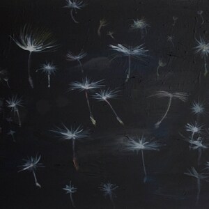 Dandelion olio pittura su tela arte originale - FLYING DANDELION SEEDS - arte minimalista-zen - un'arte di meditazione nel suo genere