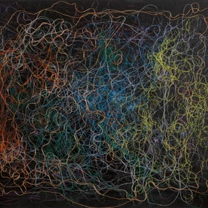 Könnte beinhalten: Abstrakte Malerei mit schwarzem Hintergrund und bunten Linien in Orange, Blau, Grün und Gelb.