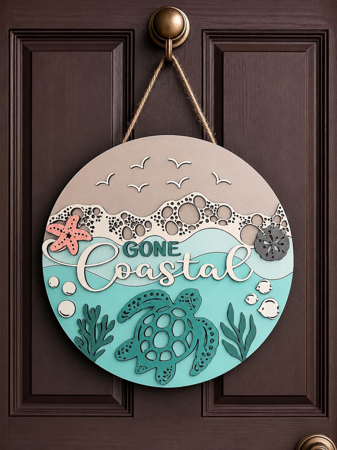 Gone Coastal Sea Turtle Door Hanger 12” Layered Beach Door Sign Coastal ...