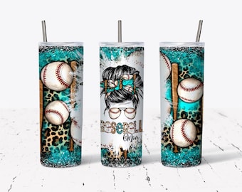 Personalized Baseball Mom Tumbler, 20oz Skinny Cup, Sports Mom Gift, Leopard Print Teal Cup, Baseball Gift