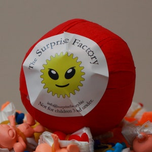 May include: A red ball with a white label that says "The Surprise Factory" with a yellow sun with a smiley face. The text on the label also says "info@surprisefactory.biz Not for children 3 and under."