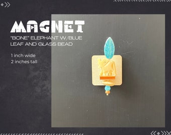 Elephant with Blue Leaf and Glass Bead, Neodymium Magnet, Handmade Fridge Jewelry