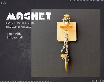 Skull with Spike, Black and Gold, Neodymium Magnet, Handmade Fridge Jewelry