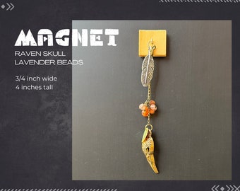 Raven Skull, Lavender Beads, Neodymium Magnet, Handmade Fridge Jewelry