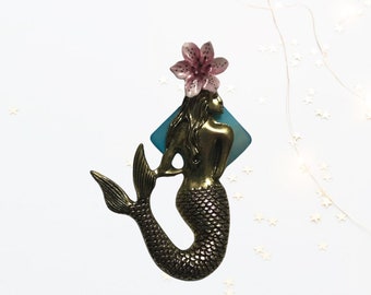Pink Flowered Mermaid, Neodymium Magnet, Handmade Fridge Jewelry