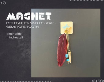 Red Feather with Blue Star, Neodymium Magnet, Handmade Fridge Jewelry