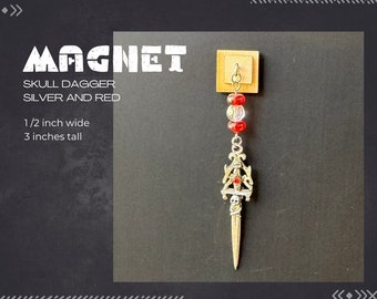 Skull Dagger, Silver and Red, Neodymium Magnet, Handmade Fridge Jewelry