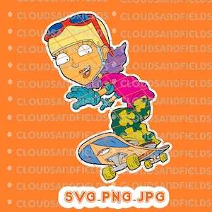May include: A cartoon illustration of a girl with purple hair wearing a helmet and sunglasses, riding a skateboard with a green, yellow, and blue camouflage pattern. The background is orange with a repeating pattern of the text "CLOUDSANDFIELDS".