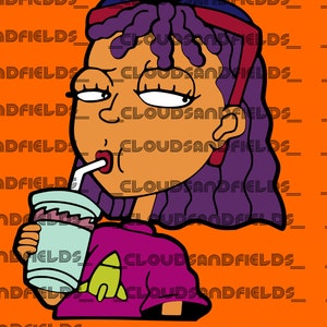 May include: A cartoon illustration of a person with purple hair drinking from a blue and white cup with a straw. The person is wearing a purple shirt with a green rocket on it. The background is orange with the text "SVG PNG" at the top and "uh Duh" at the bottom.