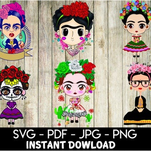6 archivos Frida Kahlo SVG Pack, Frida SVG , Frida Kahlo Clip Art, Frida Clip Art
