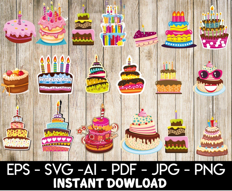 May include: A set of 16 colorful birthday cake clipart images. The cakes are decorated with candles, frosting, sprinkles, and other festive details. The images are perfect for creating birthday cards, invitations, party decorations, and other crafts.