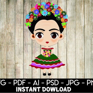 May include: A cartoon illustration of a woman with dark hair wearing a colourful flower crown and a green and pink dress holding a bouquet of flowers.