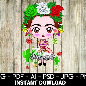 Puede incluir: Una ilustración digital de una niña con una corona de flores, vistiendo un vestido tradicional mexicano y sosteniendo un pequeño juguete de mono. El fondo es un patrón de veta de madera.