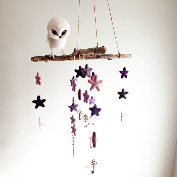 snowy owl, magic flying keys, wizard nursery mobile, unique baby and kid's decor,  felt owl wall art, wizard fan gift