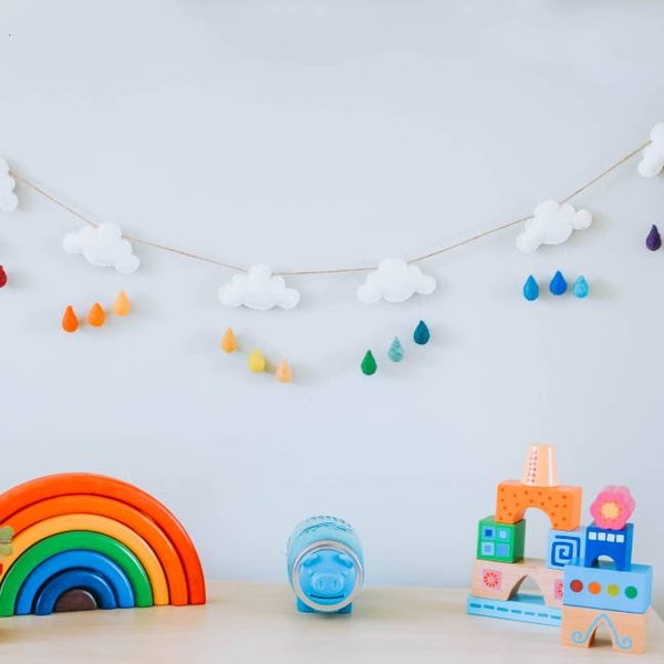 Rainbow rain drop cloud garland wall hanging bunting, nursery decor baby room art