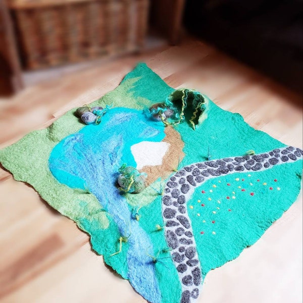 Felt play mat fairy garden  scene. Story telling playscape for waldorf nature table display wet felted