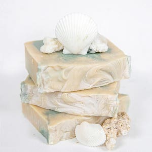 May include: A stack of three handmade soap bars with a light brown and green swirl pattern. The top bar is decorated with a white seashell and coral.