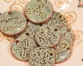 Pottery Christmas Ornaments: Green, assorted designs, handmade!