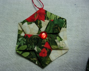 Small Folded Fabric Origami Ornament - Set of 3 - Red and White Poinsettia Print