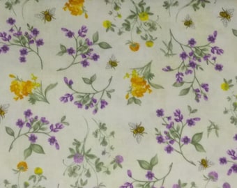 Sring Floral With Bees Print on Cream 100% Cotton Fabric From Hi-Fashion Timeless Treasures Fabrics - By the half yard, or yard