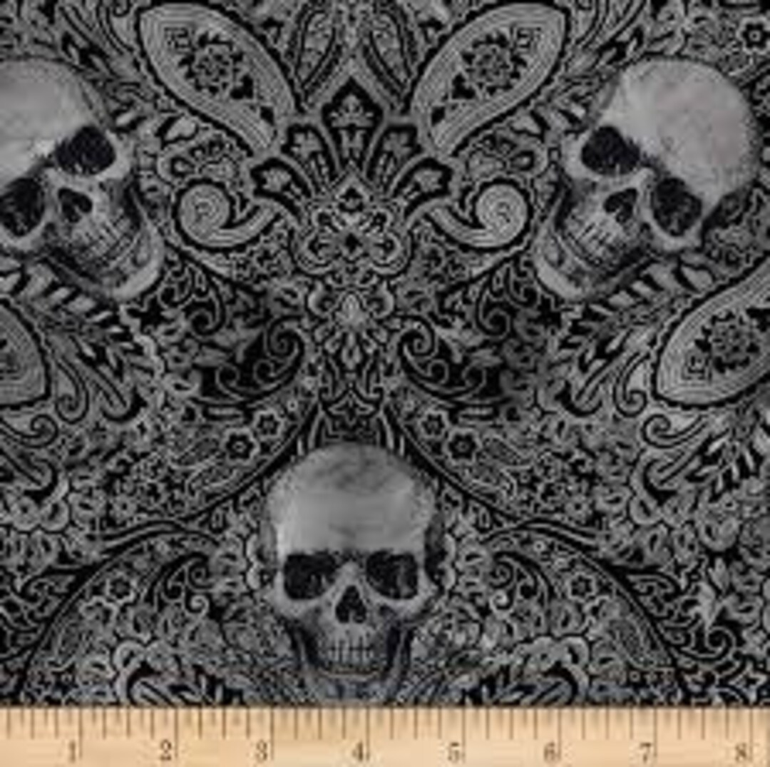Wicked by Timeless Treasures - Filigree Skull Print on Black 100% ...