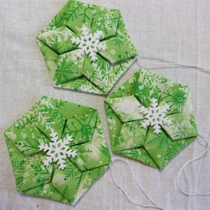 Folded Fabric Origami Ornaments - Green Snowflake or Red Snowflake - Set of 3