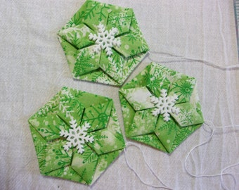 Folded Fabric Origami Ornaments - Green Snowflake or Red Snowflake - Set of 3