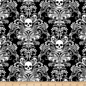 Glow in the Dark Damask Skulls from Timeless Treasures - Wicked - 100% Cotton Fabric - by the Fat Quarter, Half Yard or Yard