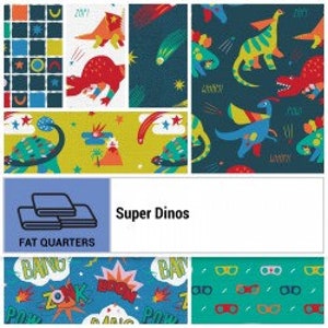 May include: A pack of eight fat quarter fabric squares featuring a dinosaur theme. The fabrics feature various dinosaur designs, including green, red, and blue dinosaurs, as well as stars, clouds, and other space-themed elements. The fabric squares are labeled "Super Dinos" and are perfect for quilting, sewing, and crafting projects.
