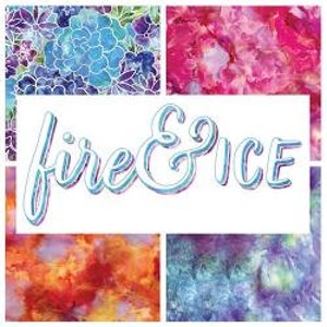 May include: A digital collage featuring four abstract watercolor patterns. The top left pattern is a blue and white floral design. The top right pattern is a pink and purple abstract design. The bottom left pattern is a yellow, orange, and red abstract design. The bottom right pattern is a blue and purple abstract design. The text "fire & ice" is centered in the middle of the collage.