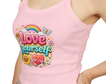 Love Yourself Graphic Tank Top | Retro Rainbow Flowers