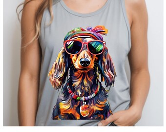 Colorful Dachshund with Sunglasses Tank Top | Vibrant Dog Art, Summer Tee