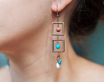 Colourful Statement Earrings | Square Boho Earrings | Turquoise Boho Earrings | Gemstone Earrings | Natural Earrings | Long Copper Earrings