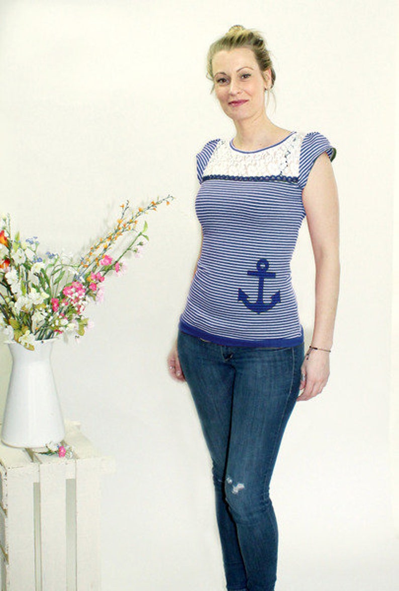 maritim-Shirt Mari ringel, Anker, Meer, Spitze Bild 3