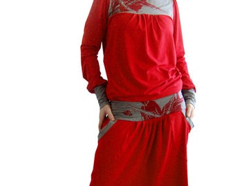 Casual jersey Dress-red-big collar