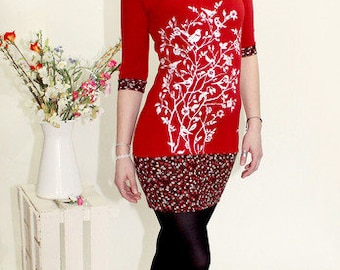 Long shirt "Luzi"-red-floret, flower, bird