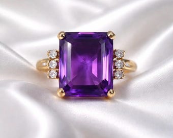 Anello grande in oro 14 carati con ametista e diamanti
