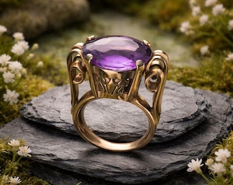 Anillo Art Déco de oro de 14 quilates con amatista. Pieza única creada por un artesano.