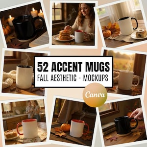 Puede incluir: Un collage de imágenes que muestran varias tazas de acento con una estética otoñal. Las tazas son de diferentes colores, incluyendo negro y blanco, y algunas tienen interiores rojos. Se muestra el texto "52 ACCENT MUGS FALL AESTHETIC - MOCKUPS".