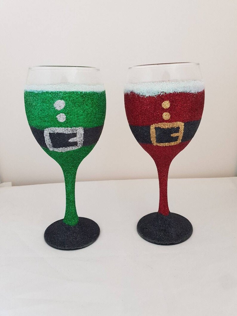 Santa wine glasses christmas glitter glasses Christmas wine Etsy