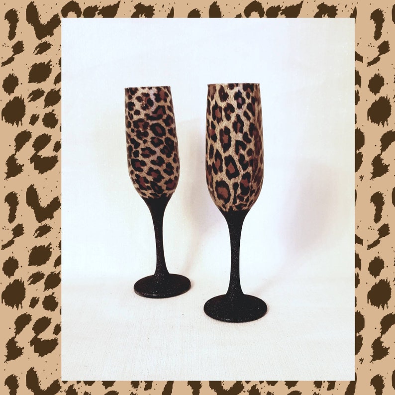 Leopard print champagne flutes glitter glasses decoupage Etsy