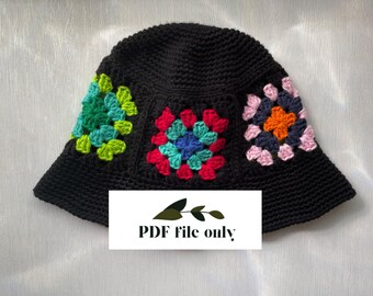 CROCHET PATTERN | Colorful Granny Square Bucket Hat pattern only