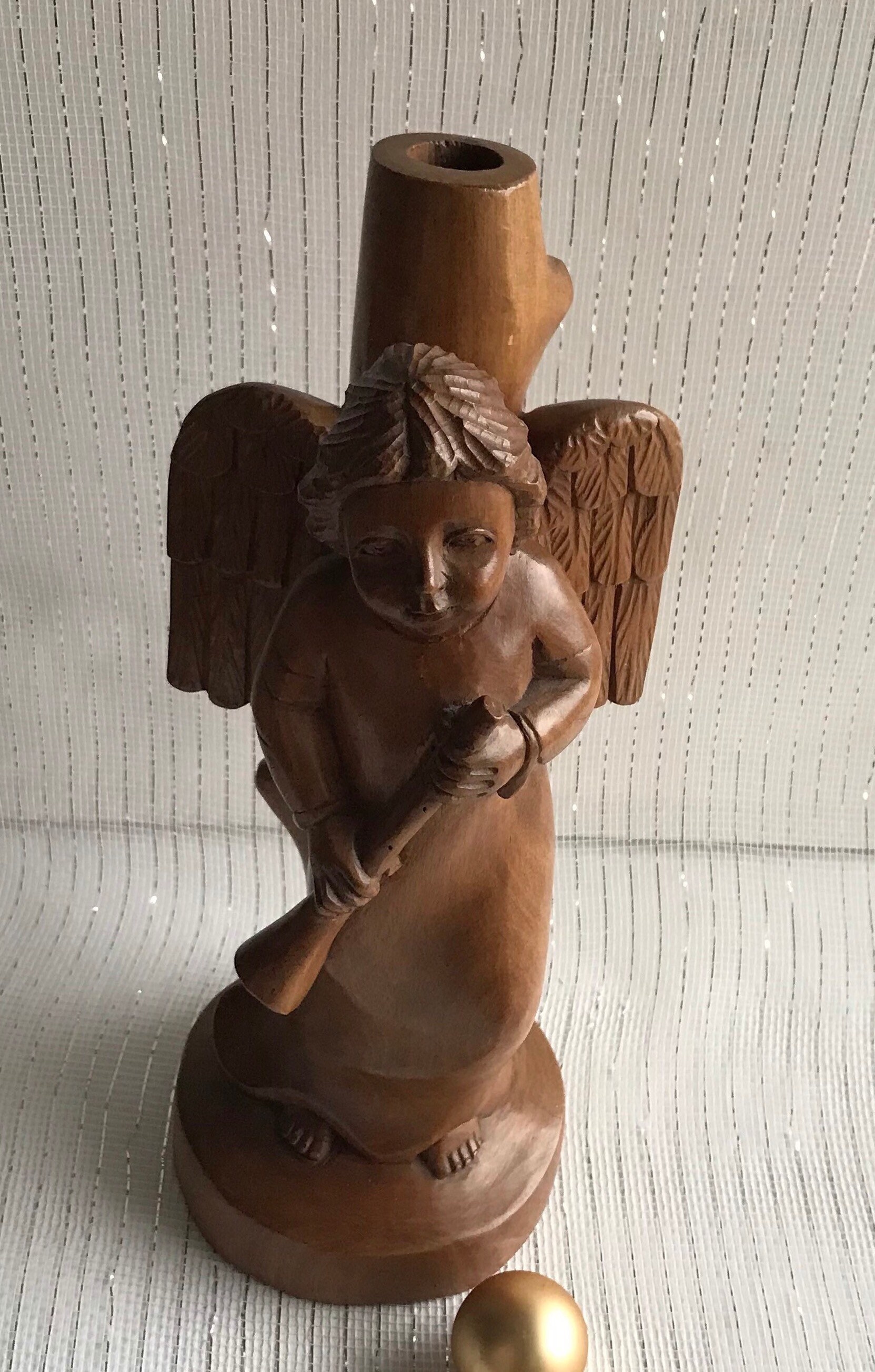 Vintage Large Heavy Carved Wooden Angel Candle Holder Etsy