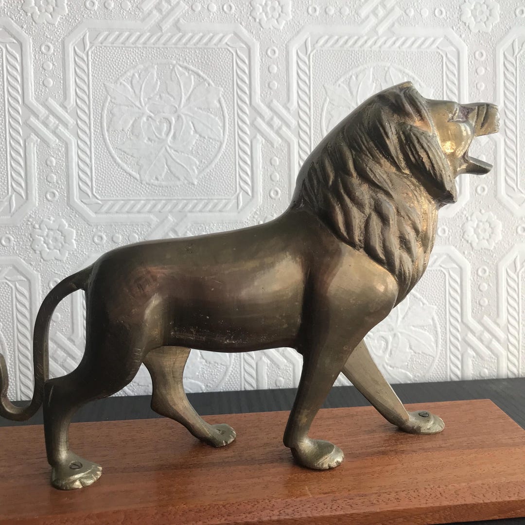 Vintage Solid Brass Lion Mounted on Wooden Base - Etsy