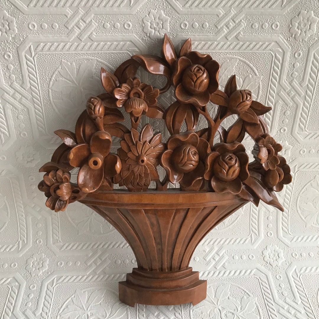 Beautifully Carved Detailed Wooden Basket of Flowers Wall Etsy