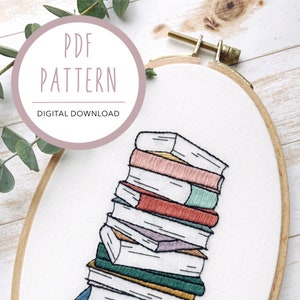 Book Stack PDF Pattern | Modern Embroidery Pattern | PDF Digital Download | DIY Embroidery Hoop Art Tutorial | Book Lover Embroidery