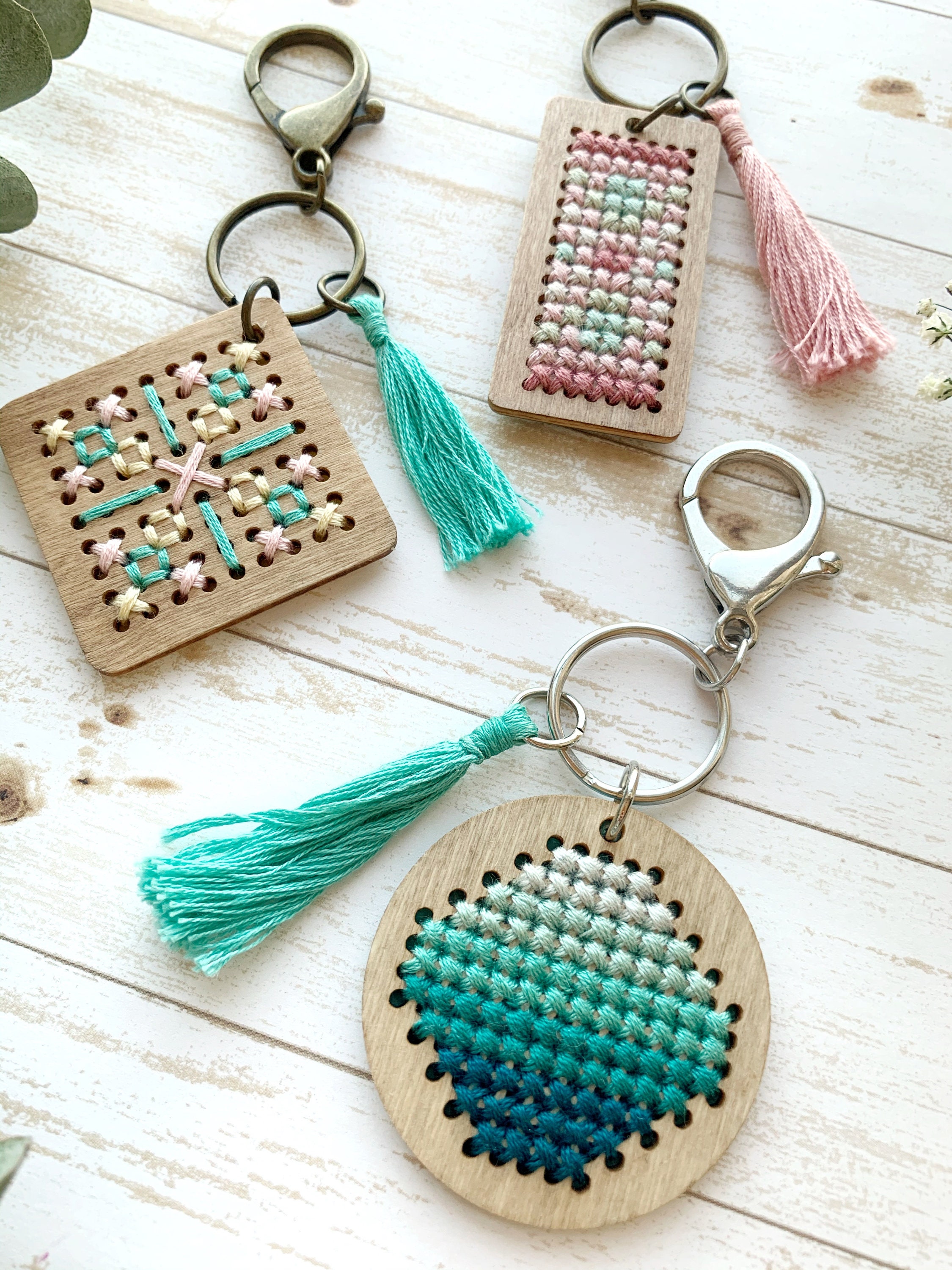 Wooden Cross Stitch Keychain Keychain with Tassel Etsy